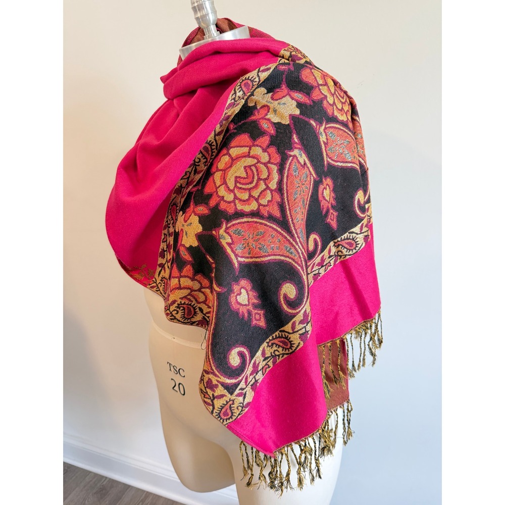 Pink Paisley Floral Pashmina Shawl Fringed Wrap Scarf Hot Pink Gold Black Woven